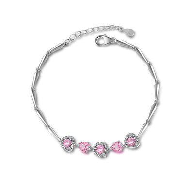 925 Sterling Silver Valentine's Heart Bracelet with Pink Austrian Element Crystal