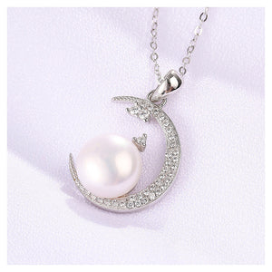 925 Sterling Silver Mother's Day Moon Pearl Pendant with Cubic Zircon and Necklace
