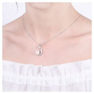 925 Sterling Silver Mother's Day Moon Pearl Pendant with Cubic Zircon and Necklace