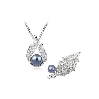 Mother's Day Leaf Pendant Necklace and Brooch with Fashion Gray Pearls