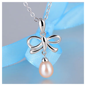925 Sterling Silver Mothers Day Bowknot Fashion Pearl Pendant with Necklace