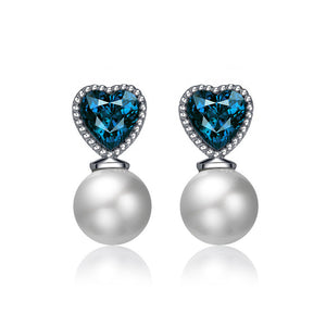 925 Sterling Silver Heart Earrings with Austrian Element Crystal and Freshwater Pearl