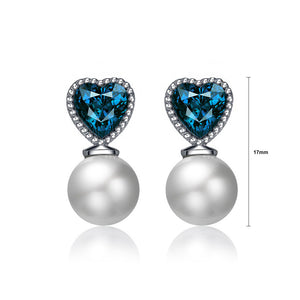 925 Sterling Silver Heart Earrings with Austrian Element Crystal and Freshwater Pearl