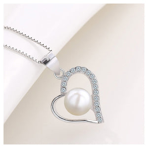 925 Sterling Silver Heart Pendant with Freshwater Pearl and Necklace
