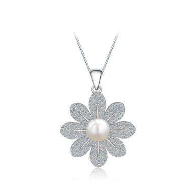 925 Sterling Silver Flower Pendant with Freshwater Pearl and Necklace