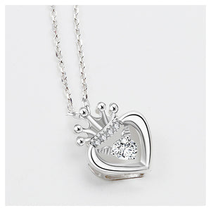 925 Sterling Silver Heart Crown Pendant with Cubic Zircon and Necklace