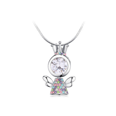 Crown Angel Pendant with Colored Austrian Element Crystals and Necklace