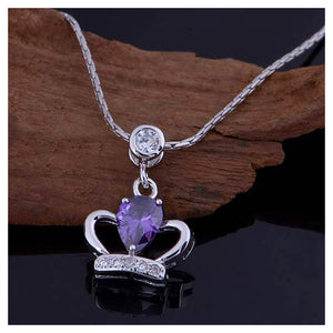 925 Sterling Silver Crown Pendant with Purple Austrian Element Crystal and Necklace