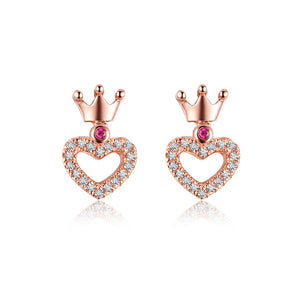 925 Sterling Silver Heart Crown Stud Earrings with Austrian Element Crystal