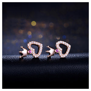 925 Sterling Silver Heart Crown Stud Earrings with Austrian Element Crystal