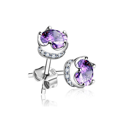 925 Sterling Silver Crown Stud Earrings with Purple Austrian Element Crystal