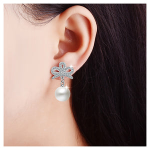 925 Sterling Silver Crown Earrings with Fashion Pearls