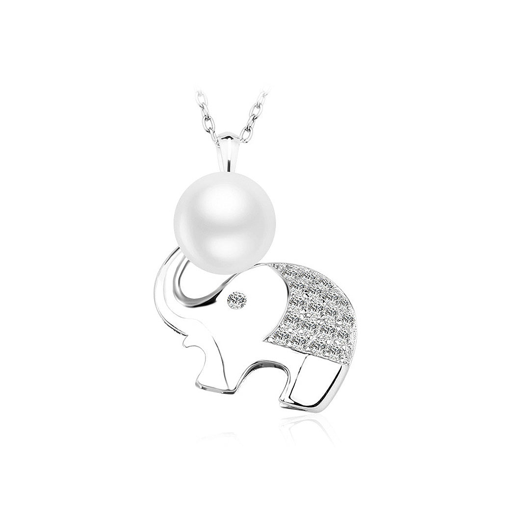 925 Sterling Silver Elephant Pendant with Fashion Pearl and Necklace