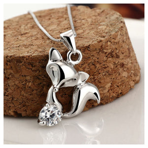 925 Sterling Silver Fox Pendant with Austrian Element Crystal and Necklace