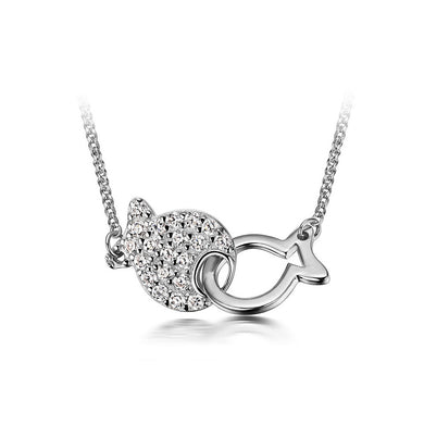 925 Sterling Silver Double Fish Necklace with Austrian Element Crystal