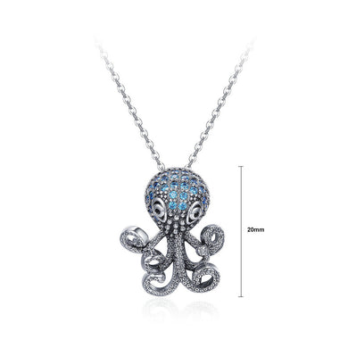 925 Sterling Silver Octopus Pendant with Blue Austrian Element Crystal and Necklace