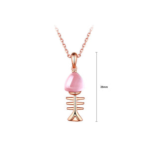925 Sterling Silver Fish Bone Pendant with Pink Crystal and Necklace
