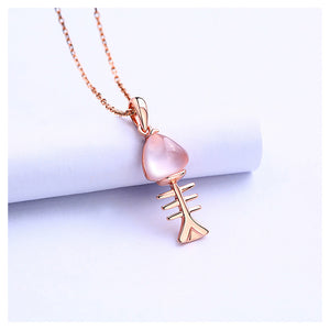 925 Sterling Silver Fish Bone Pendant with Pink Crystal and Necklace