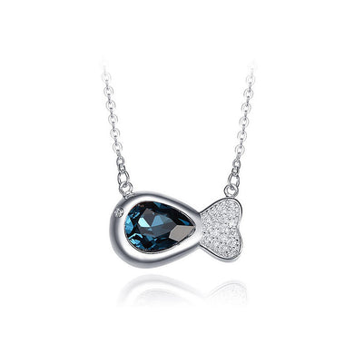 925 Sterling Silver Fish Necklace with Blue Austrian Element Crystal