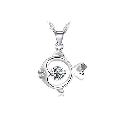 925 Sterling Silver Fish Pendant with Cubic Zircon and Necklace