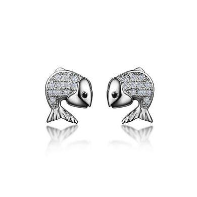925 Sterling Silver Fish Stud Earrings with Austrian Element Crystal