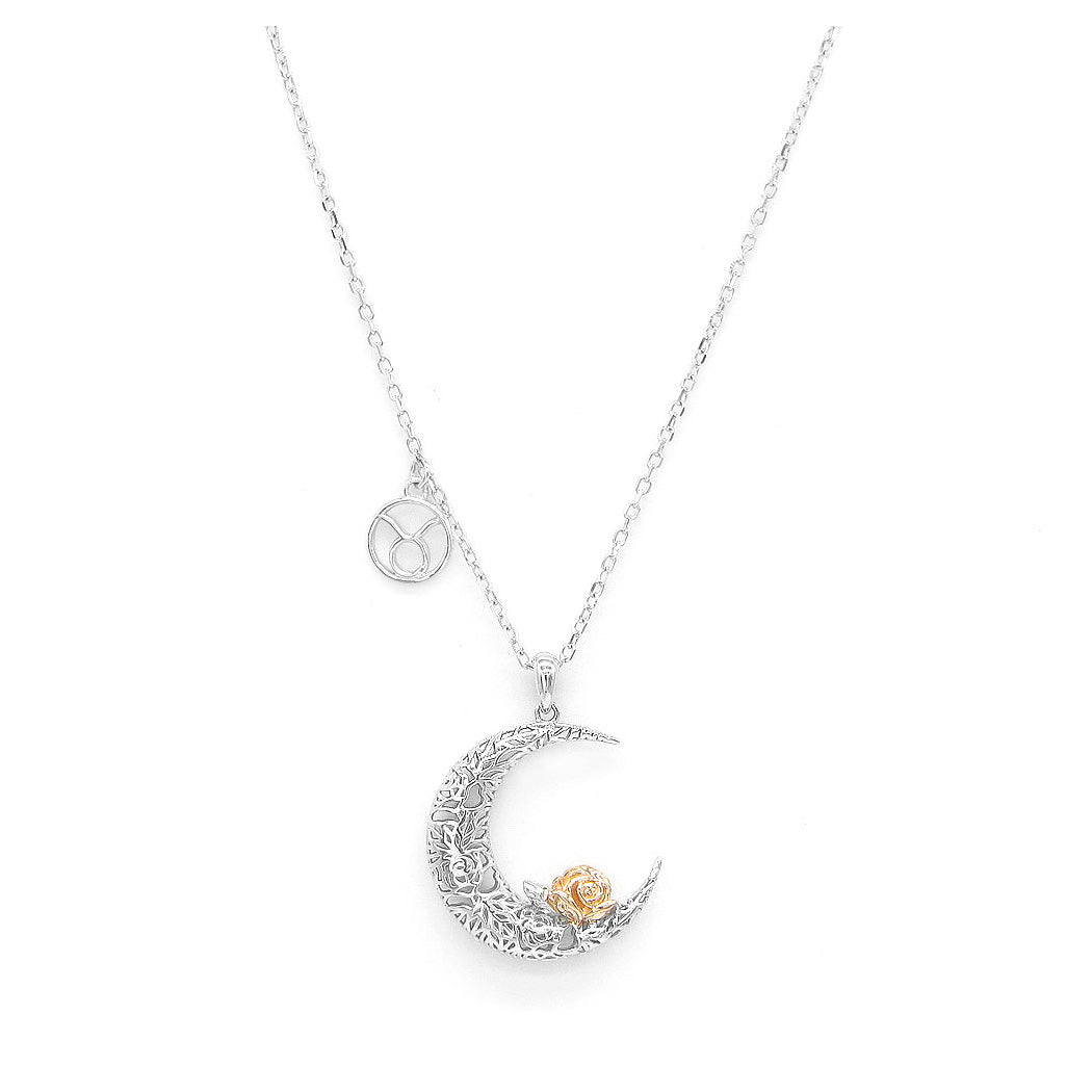 925 Sterling Silver Rose on the Moon Pendant with horoscope necklace - Taurus
