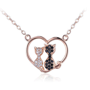 925 Sterling Silver Cat Heart Necklace with Austrian Element Crystal - Glamorousky