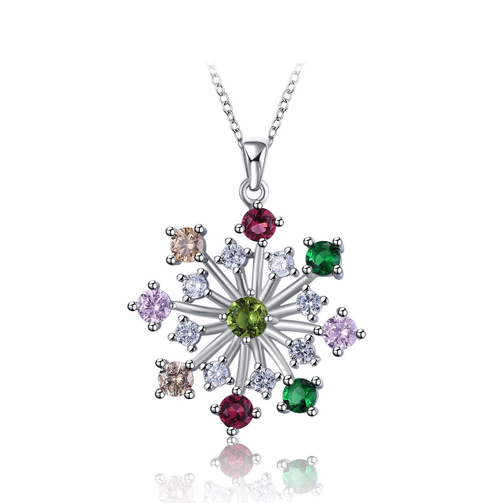 925 Sterling Silver Snowflake Pendant with Colored Austrian Element Crystal and Necklace