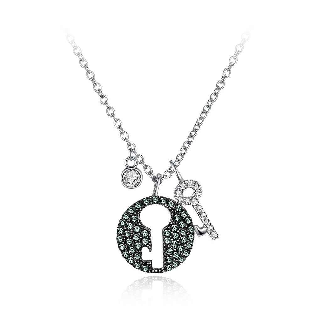 925 Sterling Silver Key Pendant with Green Austrian Element Crystal and Necklace