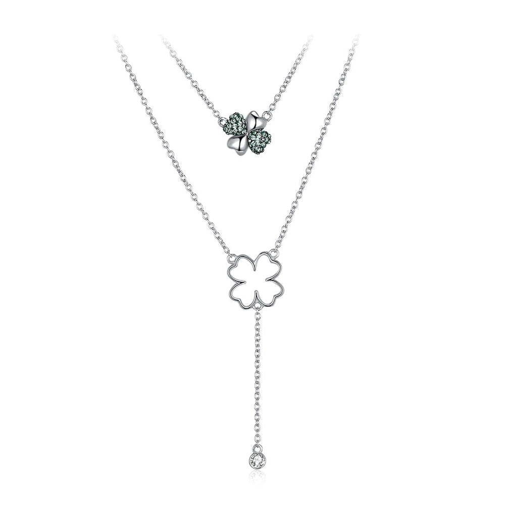 925 Sterling Silver Four-clover Necklace with Green Austrian Element Crystal