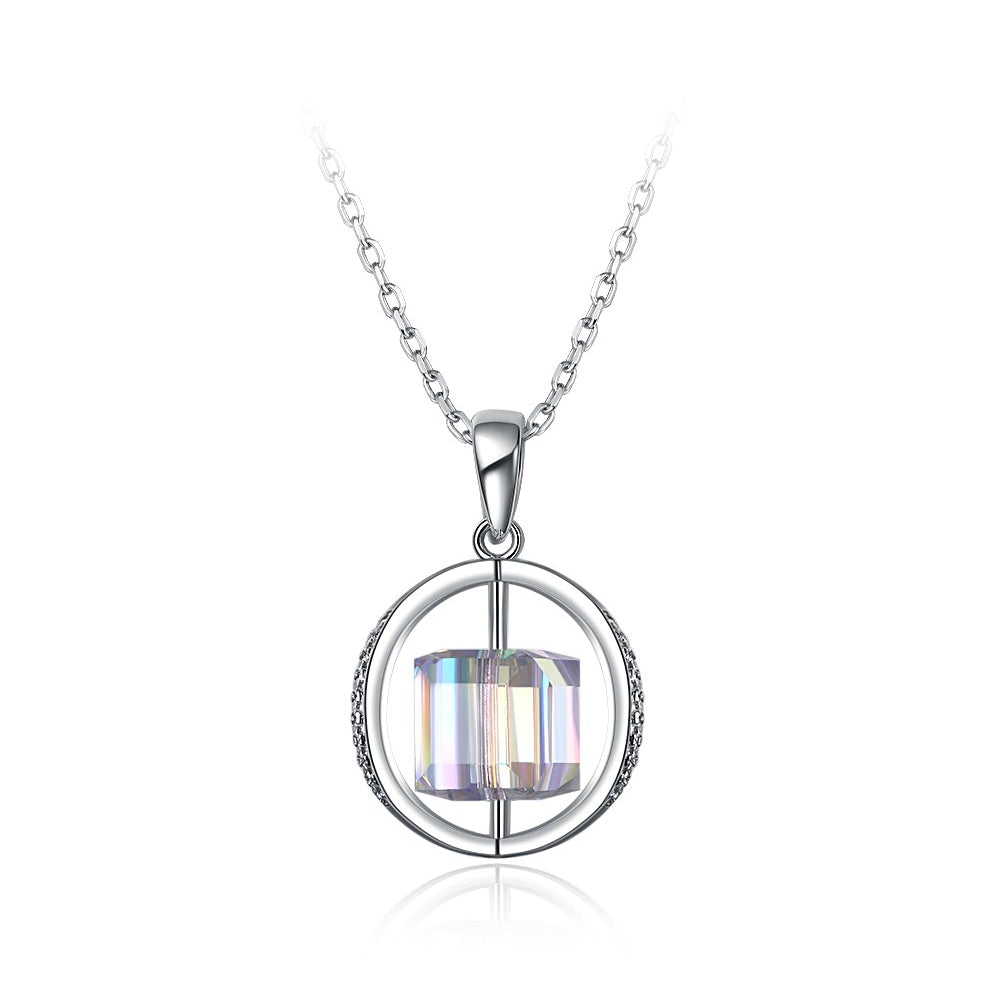 925 Sterling Silver Geometric Pendant with White Austrian Element Crystal and Necklace
