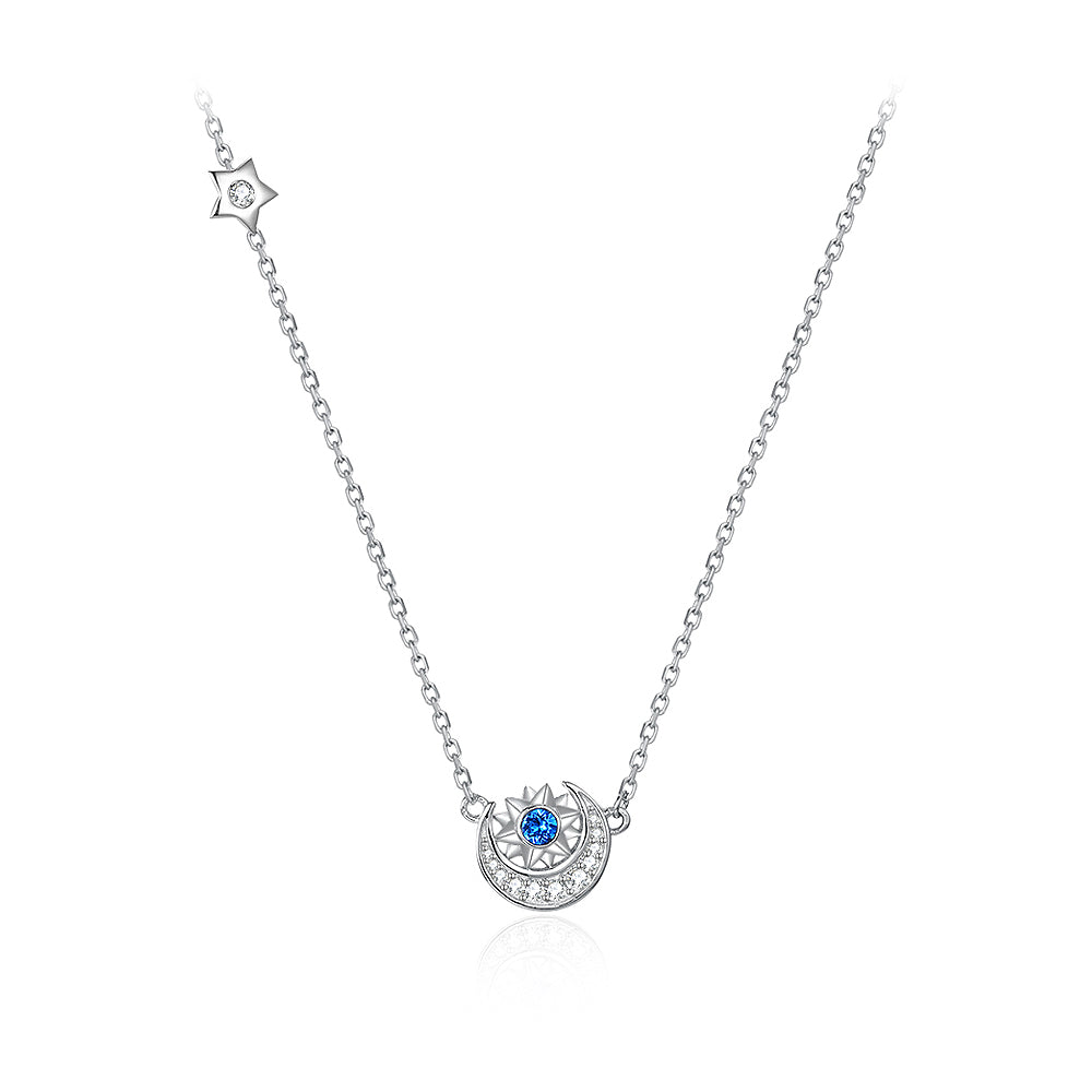 925 Sterling Silver Star Moon Necklace with Blue Austrian Element Crystal