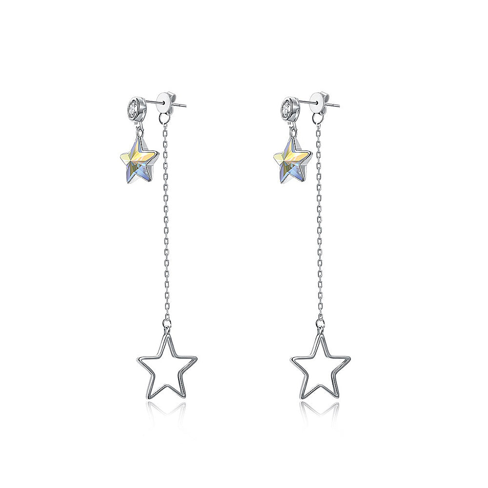 925 Sterling Silver Star Long Earrings with Austrian Element Crystal