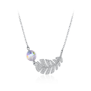 925 Sterling Silver Leaf Necklace with White Austrian Element Crystal