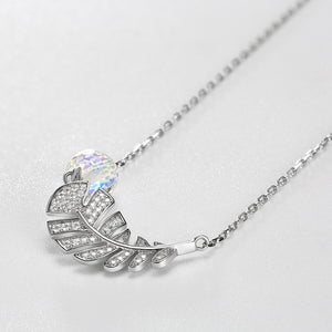 925 Sterling Silver Leaf Necklace with White Austrian Element Crystal