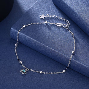 925 Sterling Silver Star Anklet with Blue Austrian Element Crystal