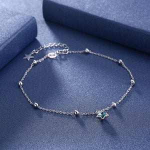 925 Sterling Silver Star Anklet with Blue Austrian Element Crystal