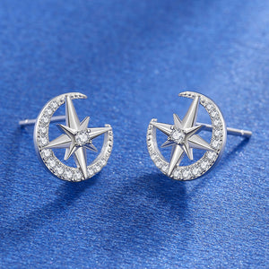 925 Sterling Silver Moon Stud Earrings with White Austrian Element Crystal