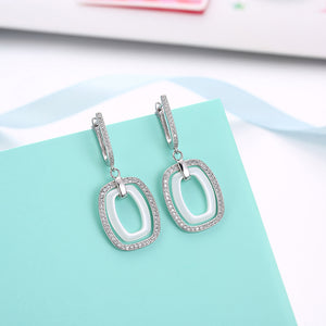 925 Sterling Silver Rectangular Earrings with White Austrian Element Crystal