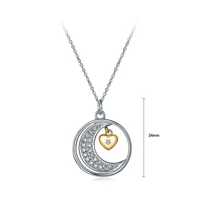 925 Sterling Silver Moon Pendant with White Austrian Element Crystal and Necklace