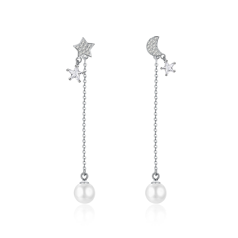925 Sterling Silver Star Moon Earrings with Austrian Element Crystals and Fashion Pearl