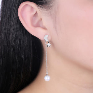 925 Sterling Silver Star Moon Earrings with Austrian Element Crystals and Fashion Pearl
