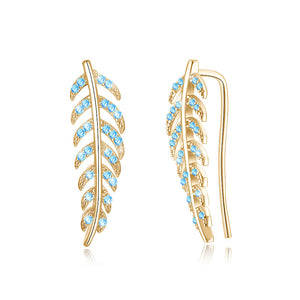 925 Sterling Silver Leaf Earrings with Blue Austrian Element Crystal