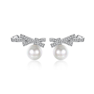 925 Sterling Silver Bow Stud Earrings with Austrian Element Crystals and Fashion Pearls - Glamorousky