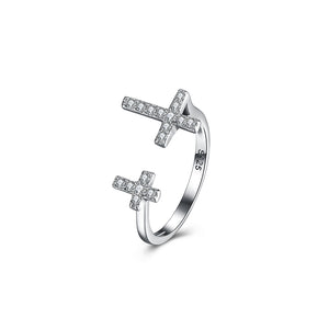 925 Sterling Silver Cross Ring with Black Austrian Element Crystal