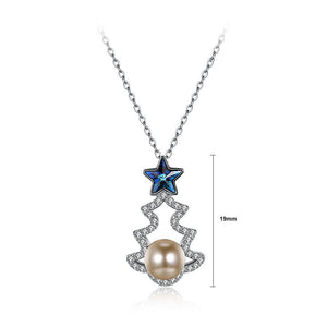 925 Sterling Silver Christmas Tree Pendant with Blue Austrian Element Crystal and Fashion Pearl and Necklace - Glamorousky