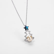 Load image into Gallery viewer, 925 Sterling Silver Christmas Tree Pendant with Blue Austrian Element Crystal and Fashion Pearl and Necklace