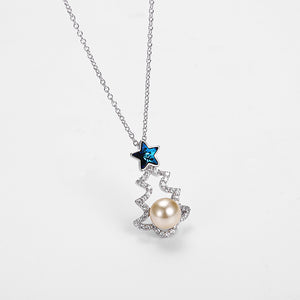 925 Sterling Silver Christmas Tree Pendant with Blue Austrian Element Crystal and Fashion Pearl and Necklace