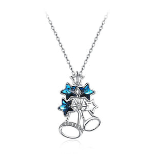 925 Sterling Silver Christmas Bell Pendant with Blue Austrian Element Crystal and Necklace - Glamorousky
