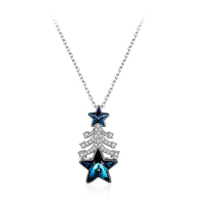 925 Sterling Silver Christmas Tree Pendant with Blue Austrian Element Crystal and Necklace - Glamorousky